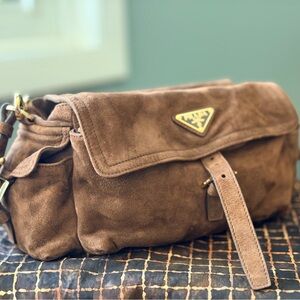 Prada Explorer in Brown Suede Lambskin with gold hardware